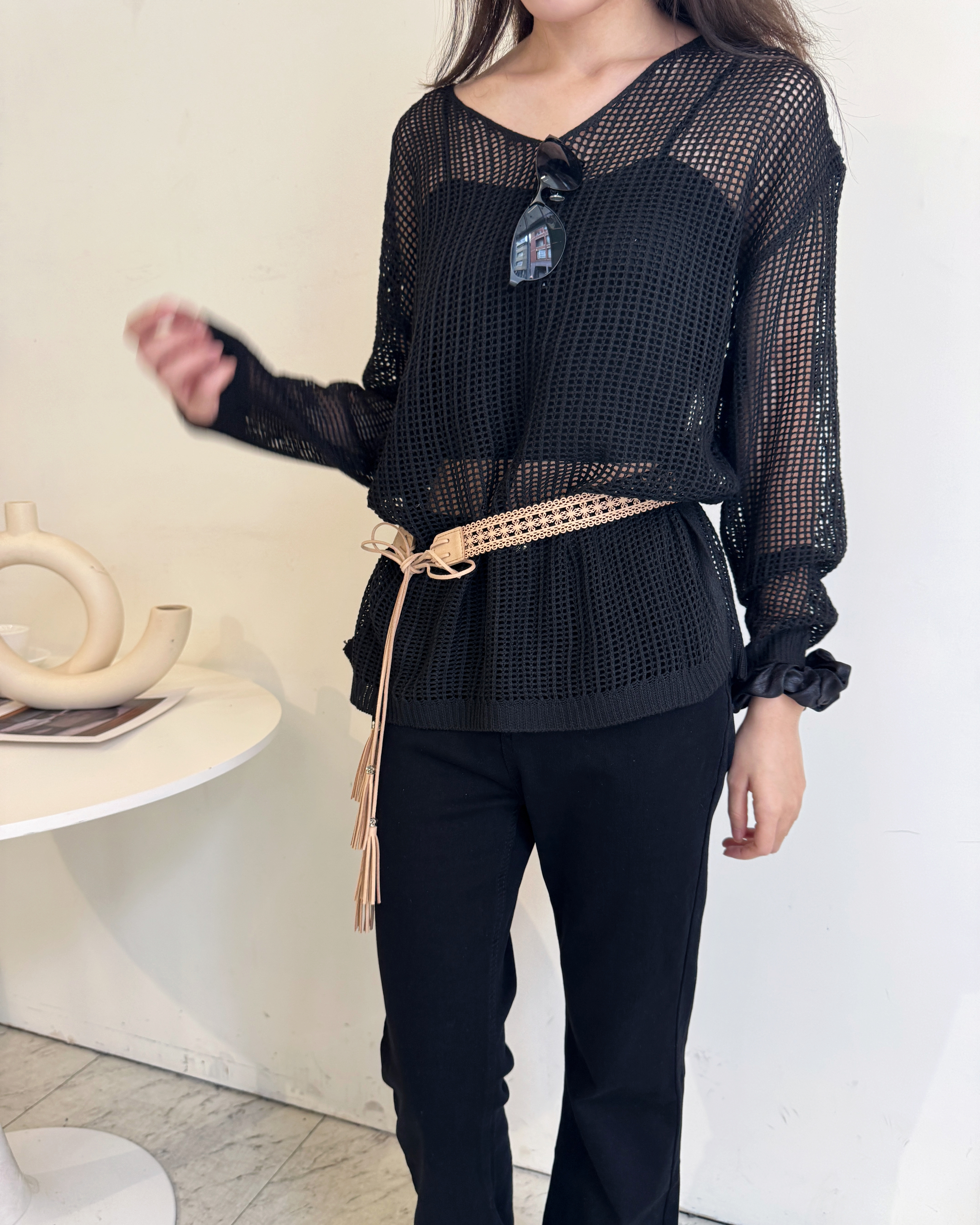 不分季節V領洞洞長袖罩衫-0771