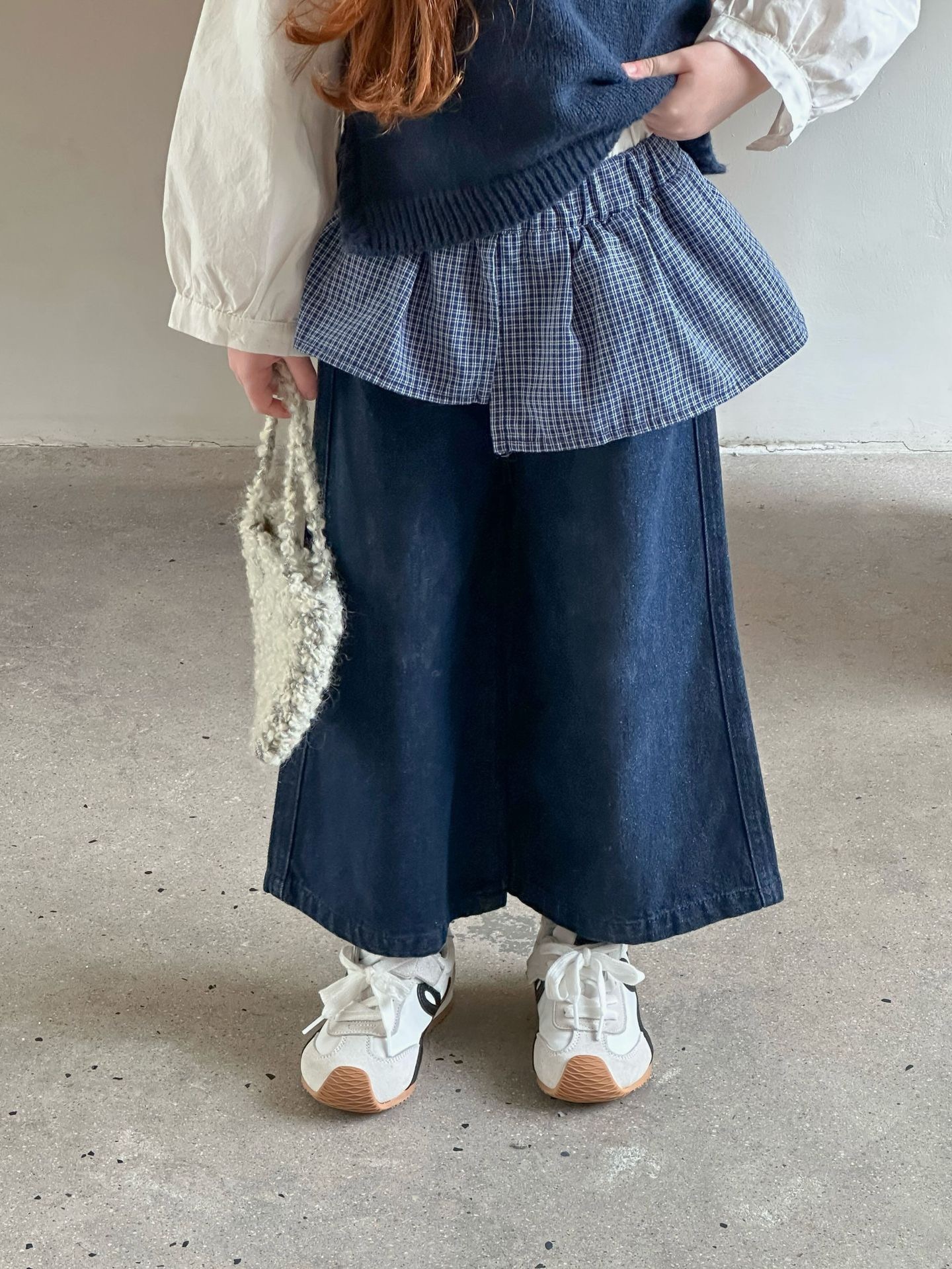 小清新格子拼接直筒褲