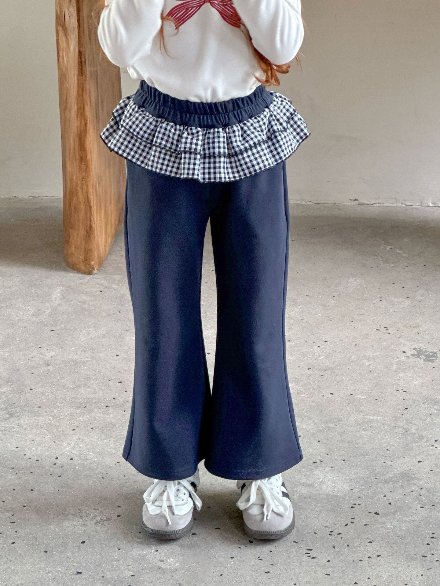 格子拼接喇叭褲