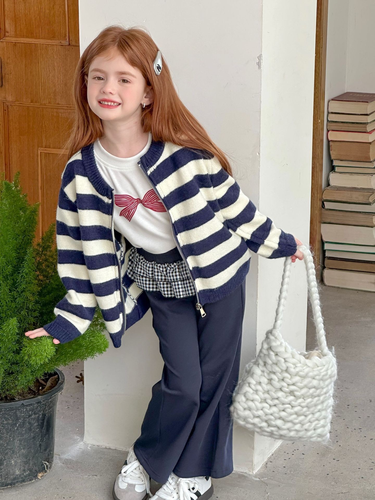 格子拼接喇叭褲