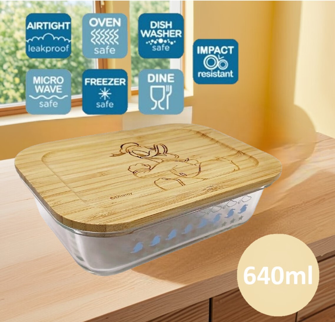 迪士尼唐老鴨 - 雙層玻璃食品餐盒 飯盒-連竹蓋(640ml)