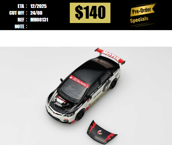 PO-$140 * MOTORHELIX * 1:64 HONDA CIVIC TYPE R FD2 MUGEN BLACK WHITE [OD13/08]