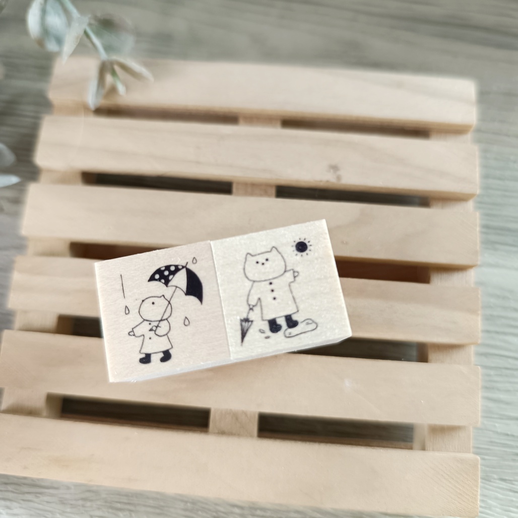 がまぞく工房Rei．貓咪 下雨天/放晴 2x2cm日本原創櫸木印章