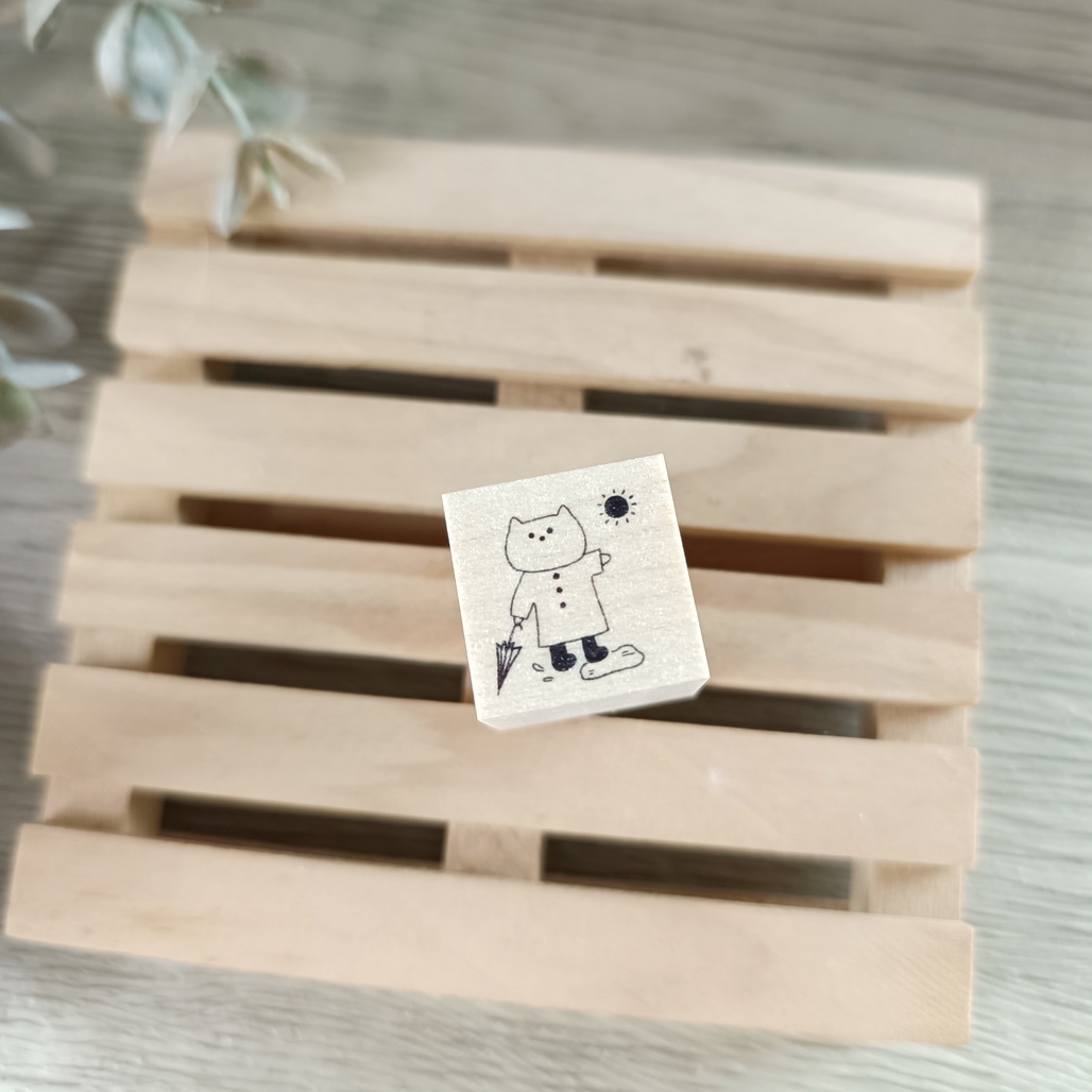 がまぞく工房Rei．貓咪 下雨天/放晴 2x2cm日本原創櫸木印章