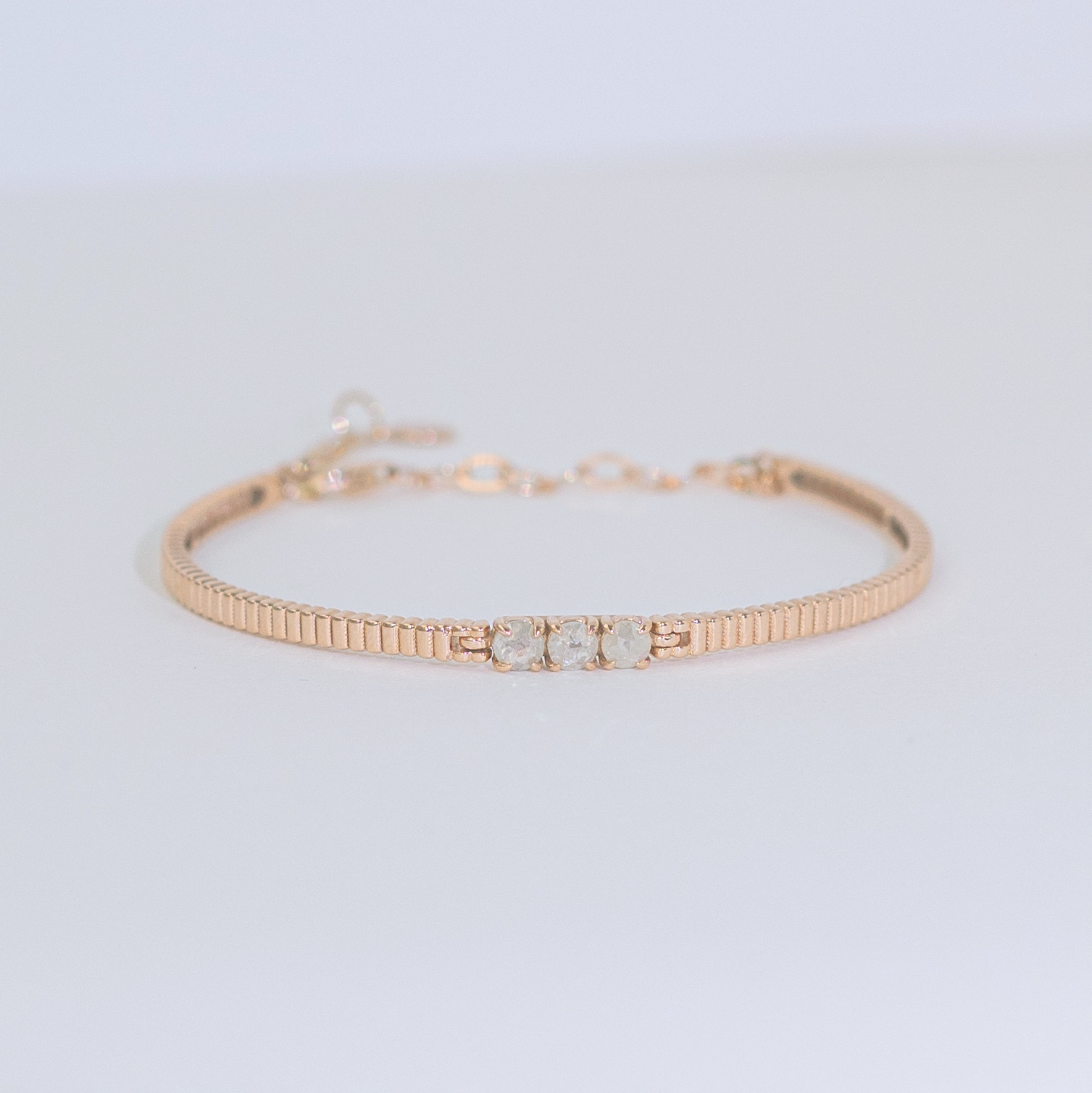 14K三顆鑽石原礦rectangle半硬式手鐲