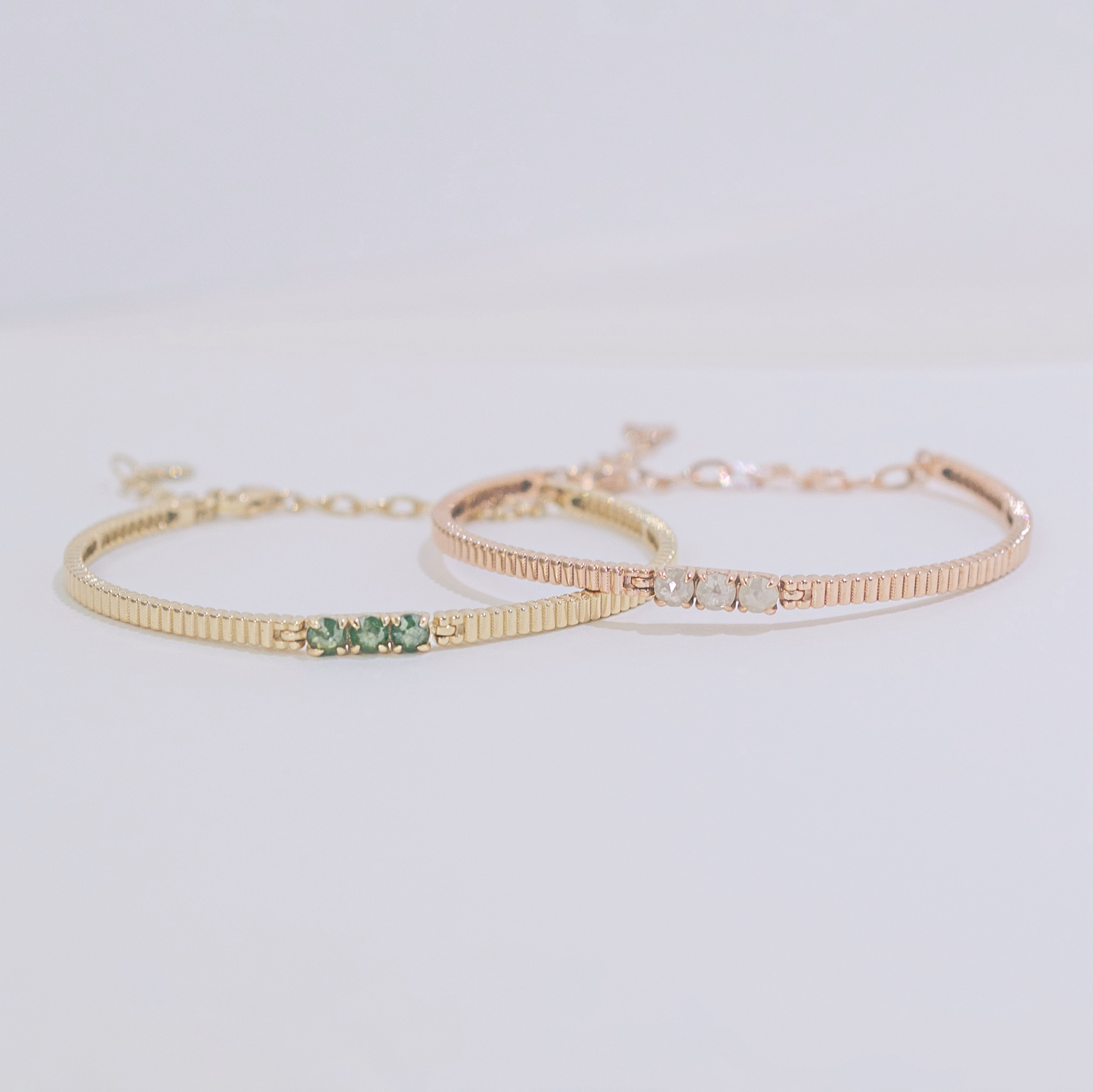 14K三顆鑽石原礦rectangle半硬式手鐲