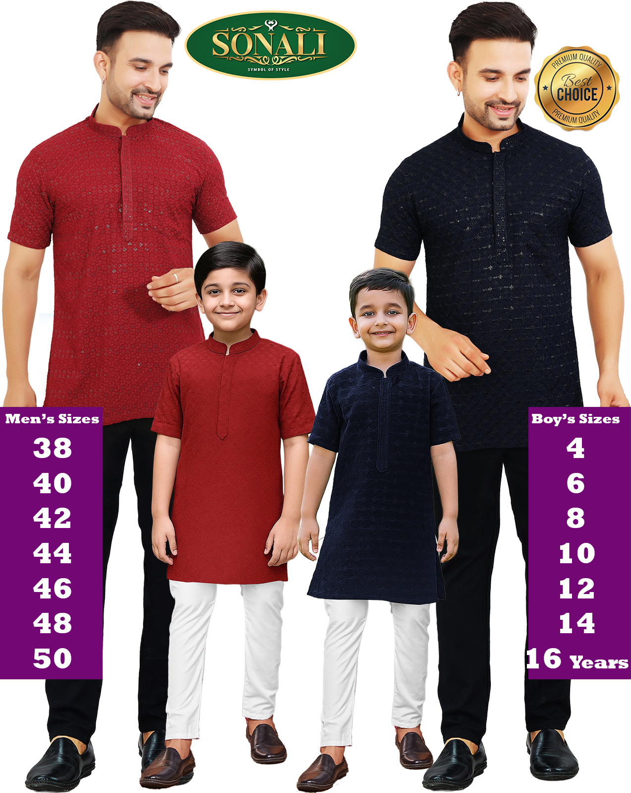 Sonali's Premier Quality Father & Son Collections Men's & Boy's Top with Sequins Embroidery - Short Sleeve (Q1972-Q1975)