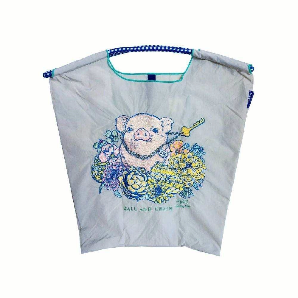 Ball＆Chain 刺繡環保購物袋 M號 - 淺灰 (31301684)