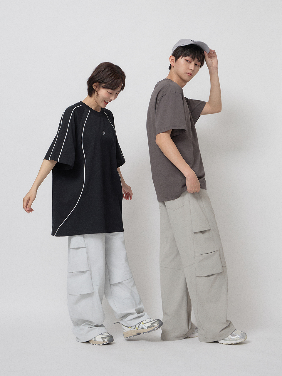 斜切剪接寬版機能長褲