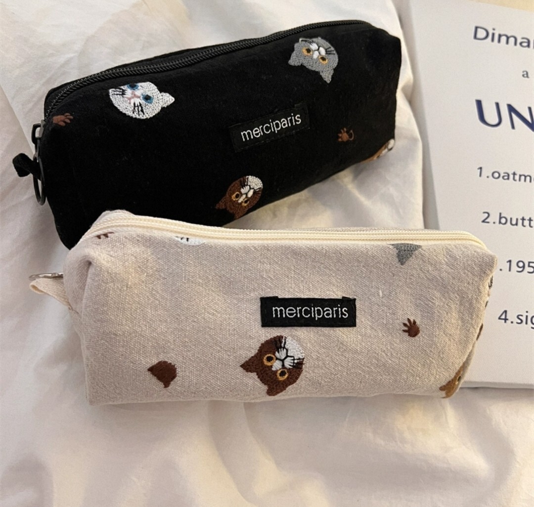 復古風大容量刺繡貓咪筆袋