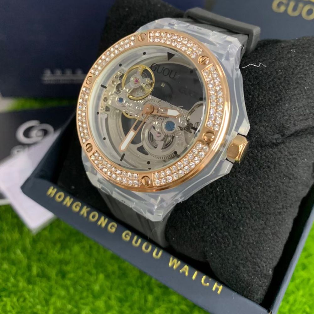 【Guou 古歐】GUO-8221A 雙面簍空 晶鑽錶圈 矽膠錶帶 機械 腕錶