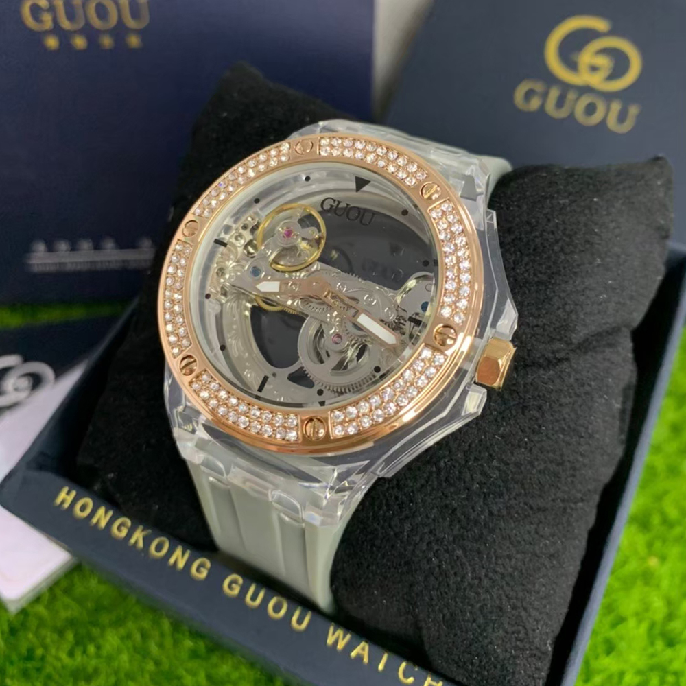 【Guou 古歐】GUO-8221A 雙面簍空 晶鑽錶圈 矽膠錶帶 機械 腕錶