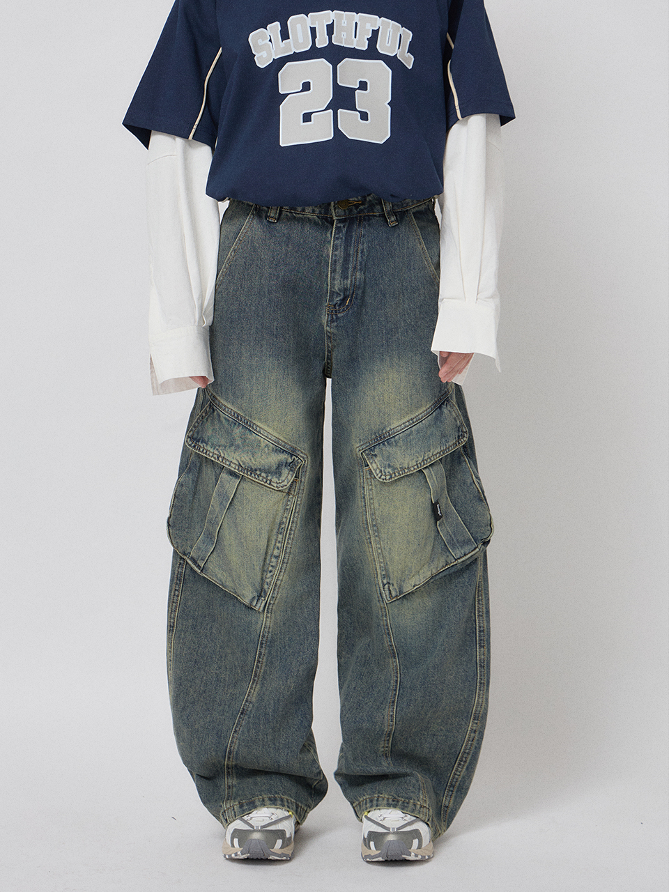 立體彎刀大口袋牛仔褲