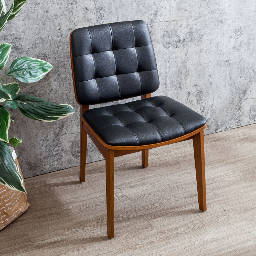 基維黑色皮革實木餐椅/單椅-柚木色