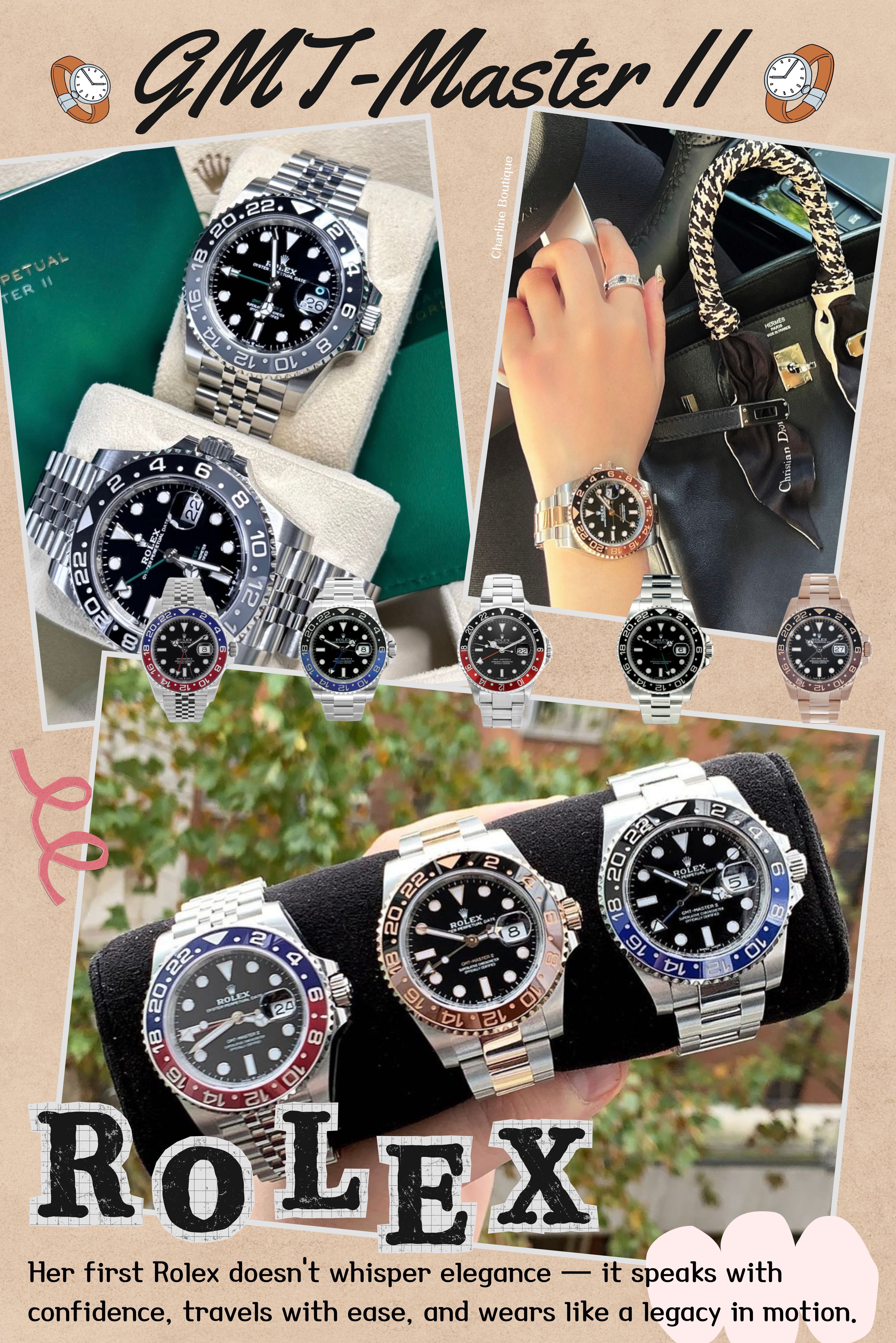 Rolex GMT-Master II 不只是工具錶，更是她對生活節奏、自信與成熟的致敬象徵。以下讓我們精選十個常見問題的Q&A，來幫助妳更理解這只錶的價值與魅力吧！    Q1：Rolex GMT-Master II 是什麼？適合誰戴？  A：Rolex GMT-Master II 最初為飛行員設計，具備雙時區功能與可旋轉 24 小時錶圈，現已成為許多堅強女性的自我肯定時尚象徵，例如職場女性、自媒體創業者或品牌老闆娘。    Q2：如何分辨Rolex勞力士真偽？  A：可檢查錶面刻字、錶冠標誌、錶帶細節與機芯序號，必要時送專業鐘錶檢測中心鑑定，避免購買到仿品。    Q3：Rolex GMT-Master II 型號那麼多，我該怎麼選？  A：常見的幾款特色包括：  可樂圈（紅／藍）：代表自信、敢被看見，適合新主管或正要進新局面的女性；   蝙蝠俠（藍／黑）：低調穩重，但懂錶者一看便知；   沙士圈（棕／黑+玫瑰金）：成熟溫柔，是自我犒賞的選擇。    Q4：Rolex GMT-Master II 的歷史起源？  A：源自 1950 年代為 Pan Am 飛行員設計的 GMT-Master，1980 年代首度推出 GMT-Master II，具備獨立調整本地時間的功能，是飛行工具錶的經典進化。    Q5：Rolex GMT-Master II 適合女生戴嗎？  A：絕對適合！文章中多位成功女性表示，這只錶展現她們自信內斂的品味——既適合日常佩戴，也能呼應心中「我值得」的自我告白。    Q6：Rolex GMT-Master II 的實用功能有哪些？  A：擁有雙時區顯示、GMT 指針與旋轉錶圈，讓長途旅者或國際差旅使用者能輕鬆掌握兩地時間，便利又專業。    Q7：Rolex GMT-Master II 是否有多種材質與配色選擇？  A：是的，除了標準鋼款，還有蠔式鋼與玫瑰金等材質搭配，可樂圈、蝙蝠俠、沙士圈等款式提供不同風格選擇，適合不同心境與生活階段。    Q8：Rolex GMT-Master II 的保值潛力如何？  A：Rolex GMT-Master II 因其歷史背景、技術與稀有配色，一直是拍賣市場的熱門品項，也是 Chanel 與 Hermès 錶迷進 Rolex 收藏路的重要入門款。    Q9：如何在台灣購入真正的 Rolex GMT-Master II？  A：最保險的方式是透過Rolex官方授權經銷商購買，或選擇可信度高的精品代購平台，例如 Charline Boutique，能幫您直接從歐洲購得真品。    Q10：Rolex勞力士有哪些經典錶款系列？  勞力士的經典系列包括 Submariner、Daytona、Datejust、GMT-Master II、Explorer等，每款都有其獨特的歷史與功能定位。