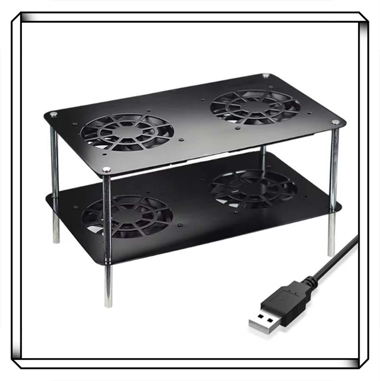 路由器雙層散熱USB風扇架 金屬支架 加長加寬 大款 散熱器 底座風扇 黑色雙層 USB風扇