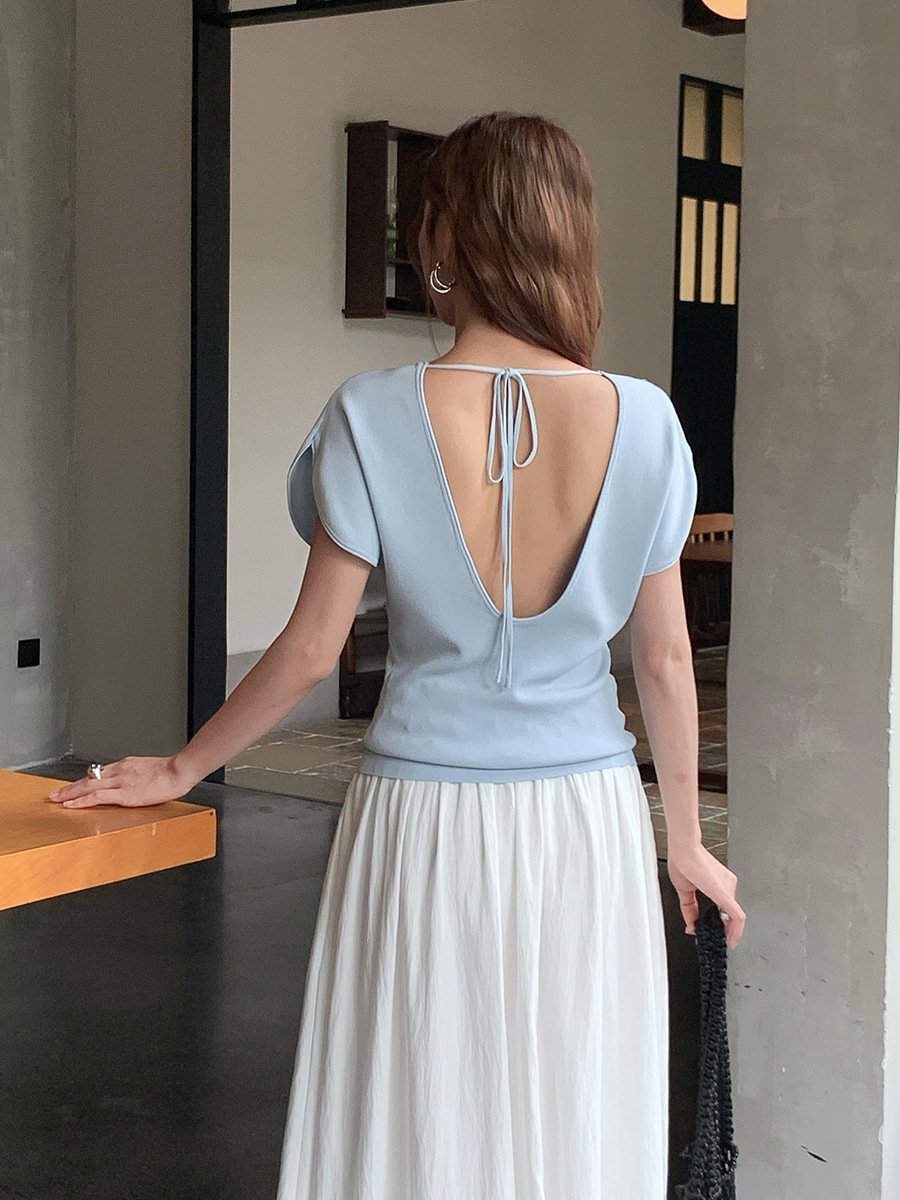 8W05 大露背綁帶冰絲感上衣 八色