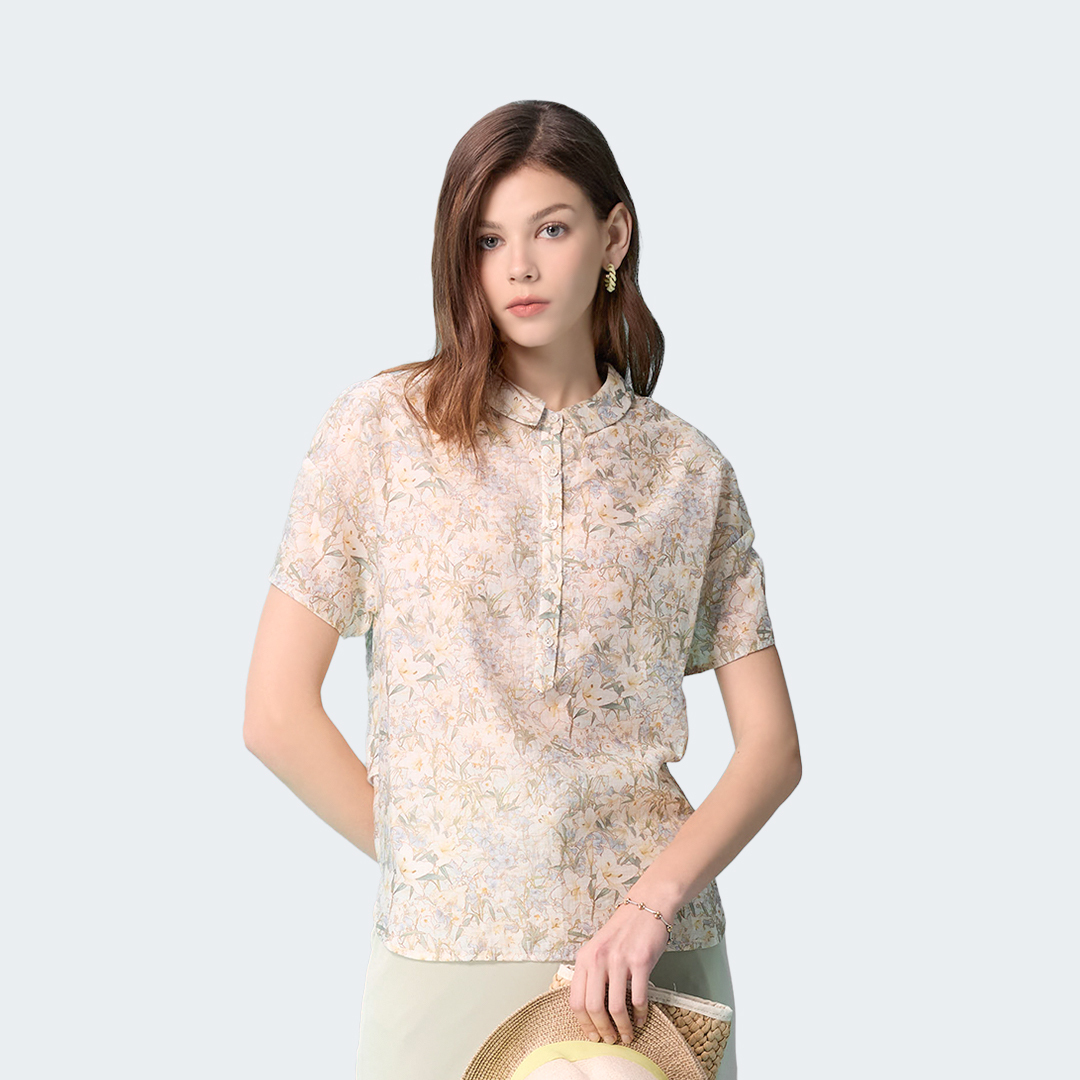 晨曦百合花影天絲半開襟上衣