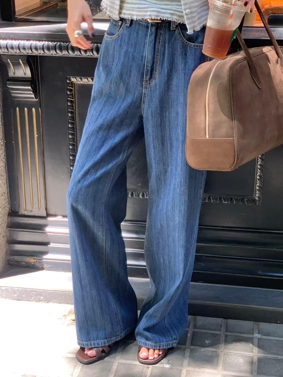 Straight grain washed denim pants