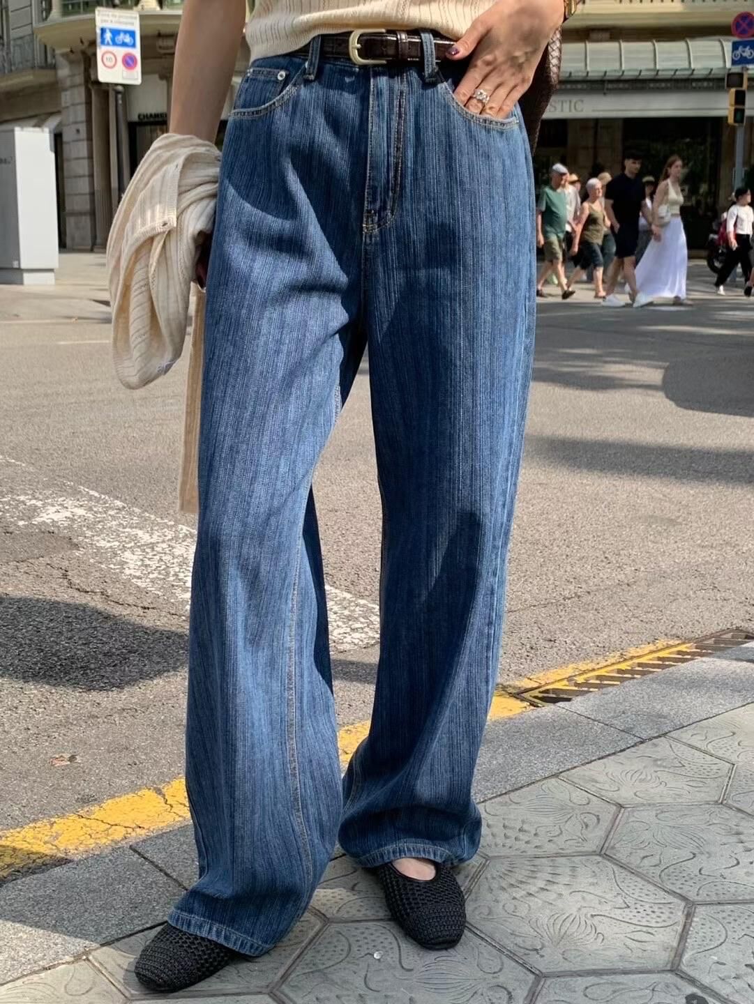 Straight grain washed denim pants