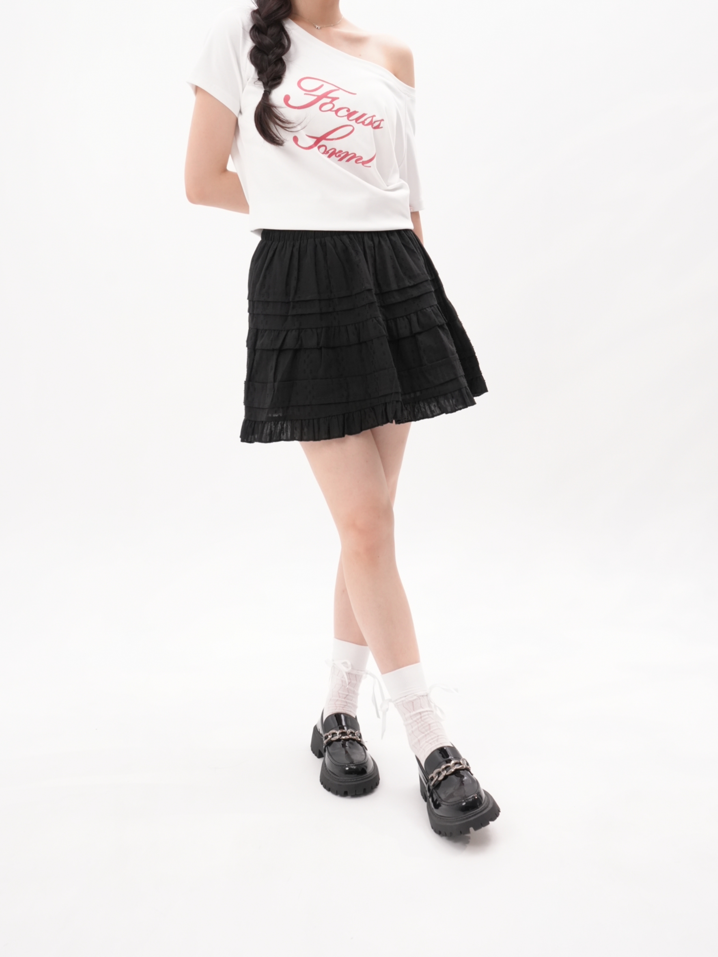 法朵Fado shop｜蕾絲A字高腰壓摺短裙 470B004 黑