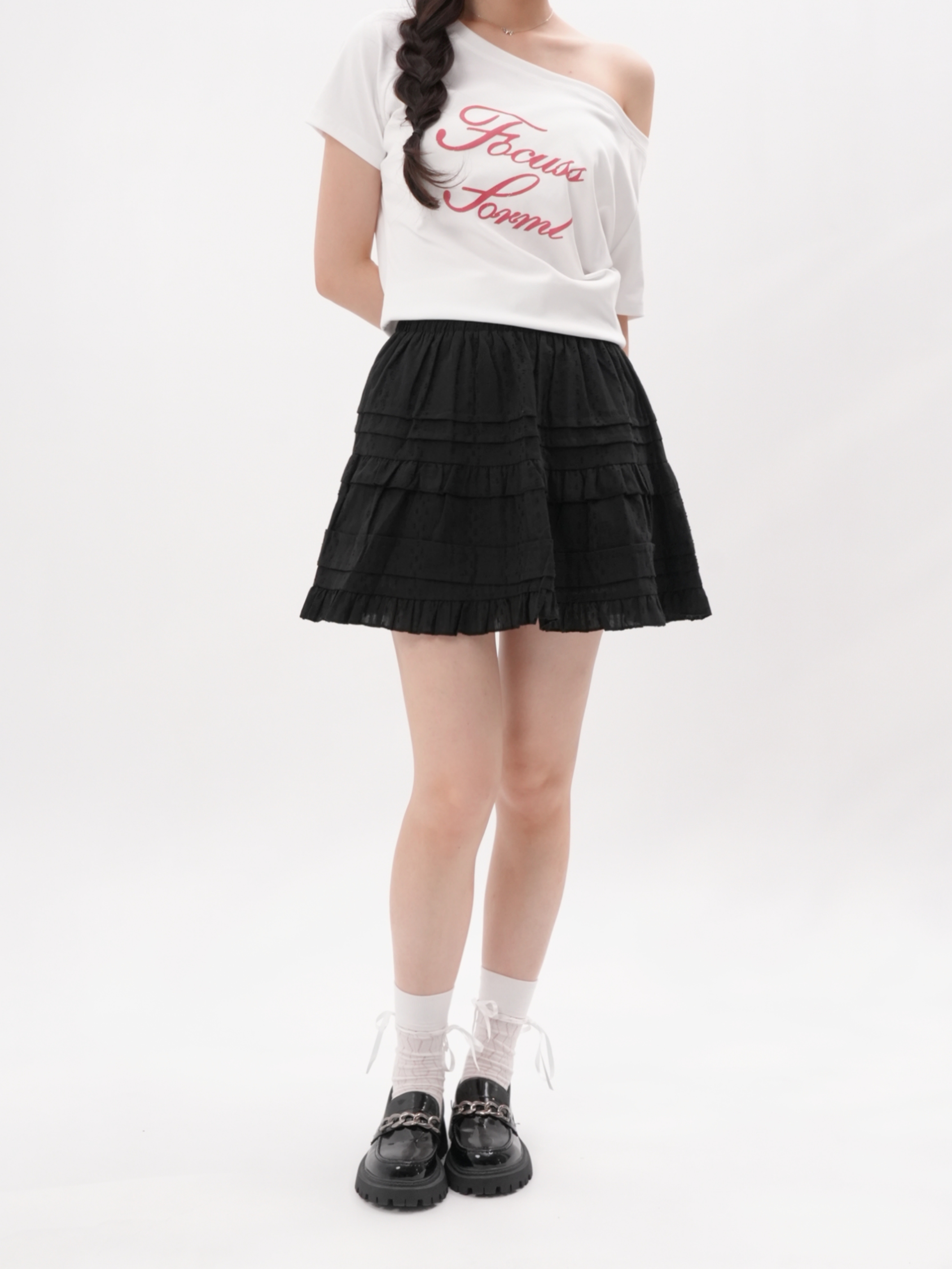 法朵Fado shop｜蕾絲A字高腰壓摺短裙 470B004 黑