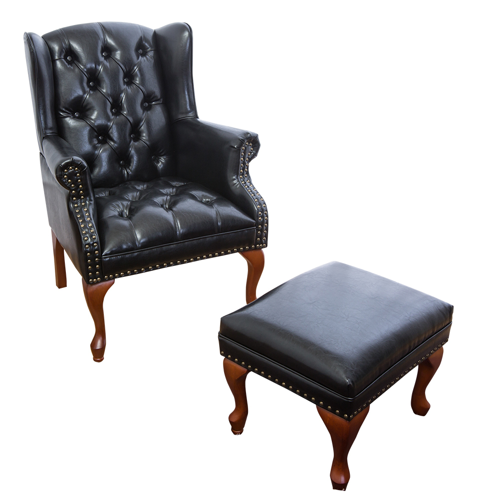 美式復古風黑色皮沙發單人座椅+腳椅凳