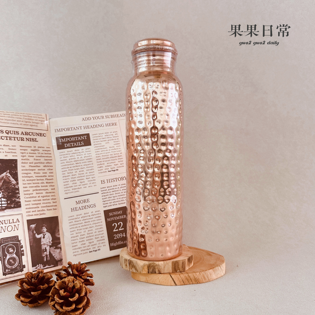 印度純銅水壺 1000ml Indian Pure Copper Bottle 1000ml (Hammered + Aqua Wellness/細點)