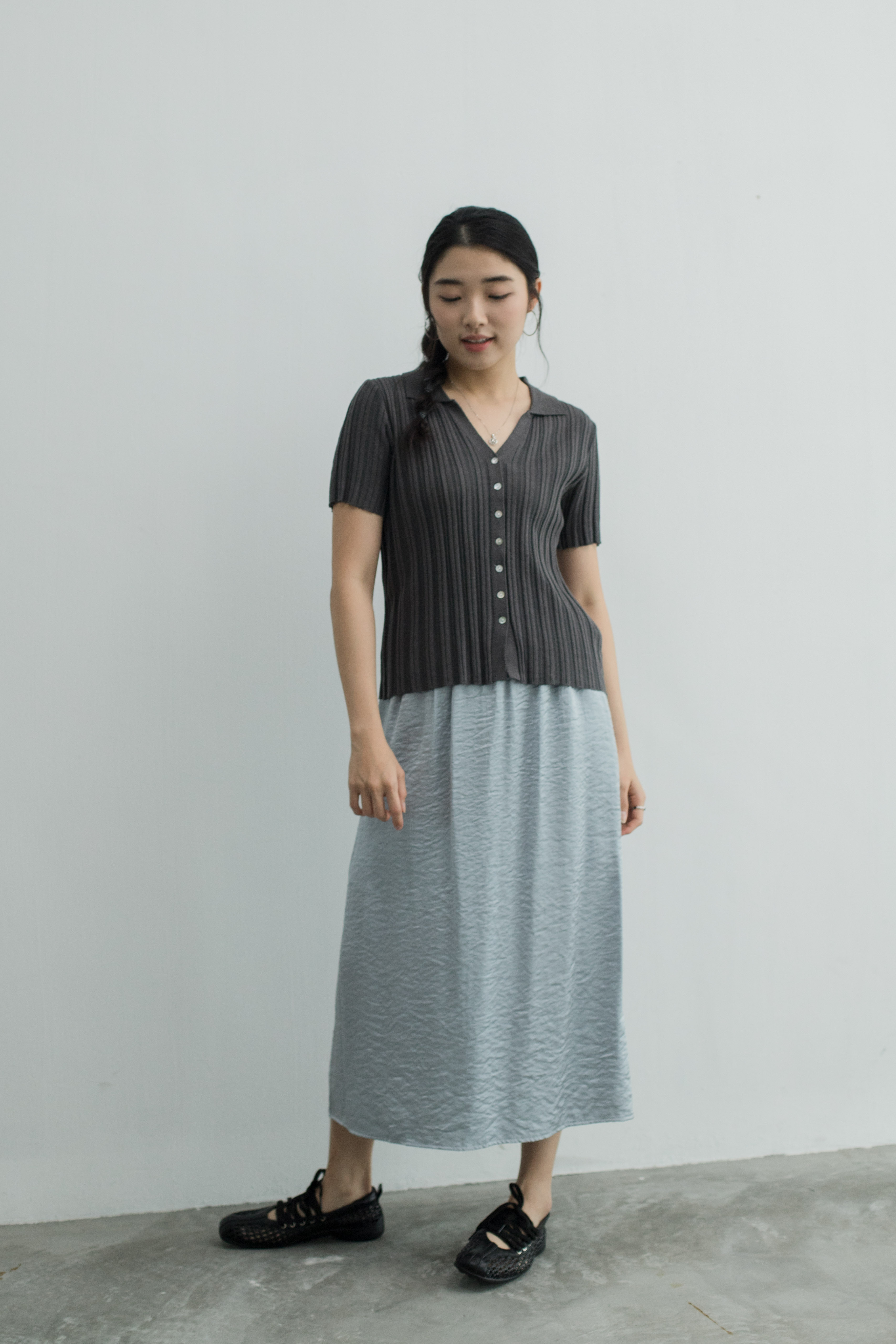 Etta Ribbed Polo Knit Top D.Grey -2451KSDGY