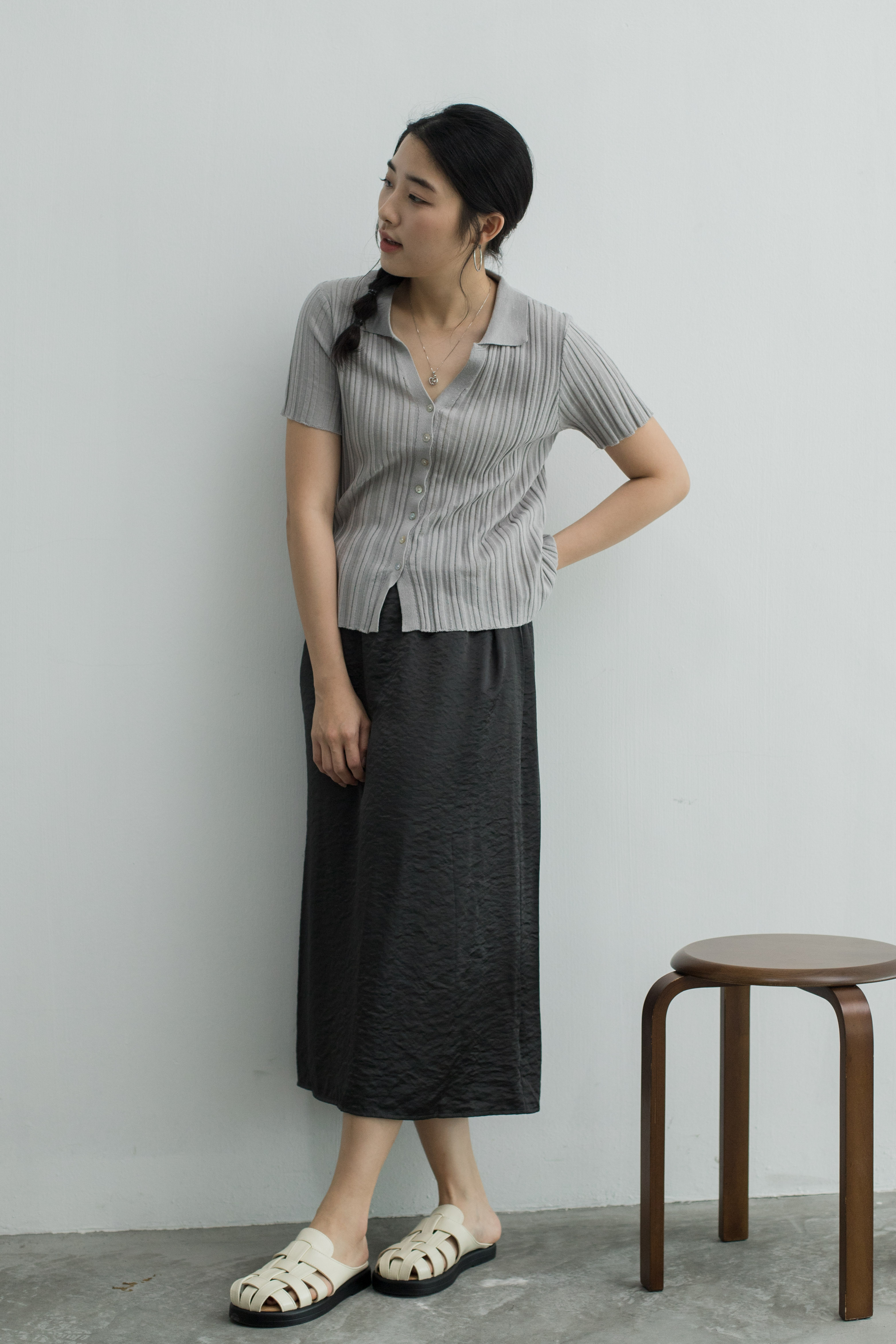 Etta Ribbed Polo Knit Top L.Grey -2451KSLGY