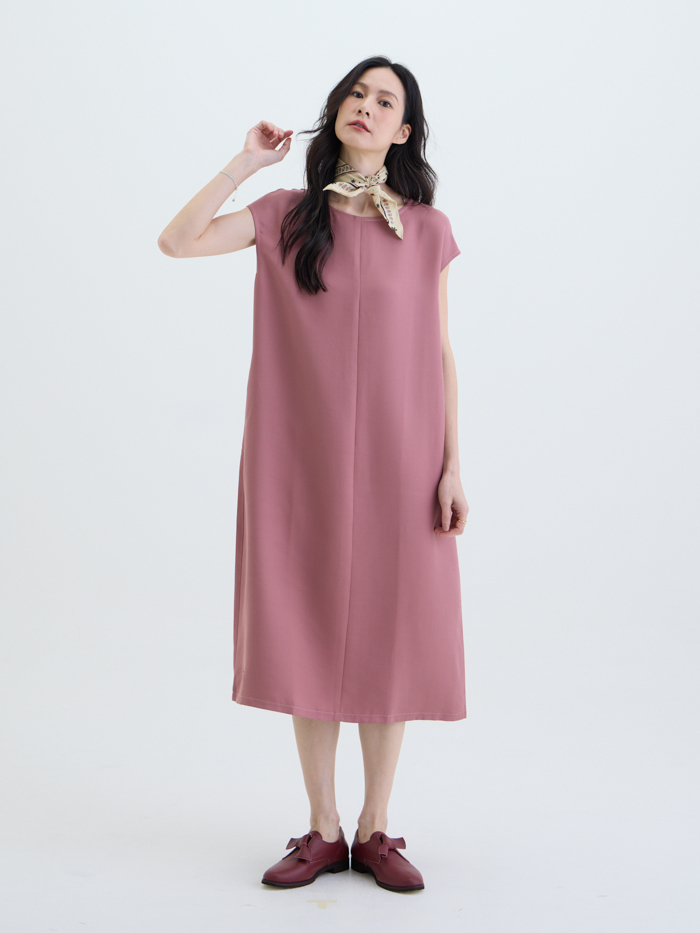 留白之間圓領拼接洋裝-藕粉