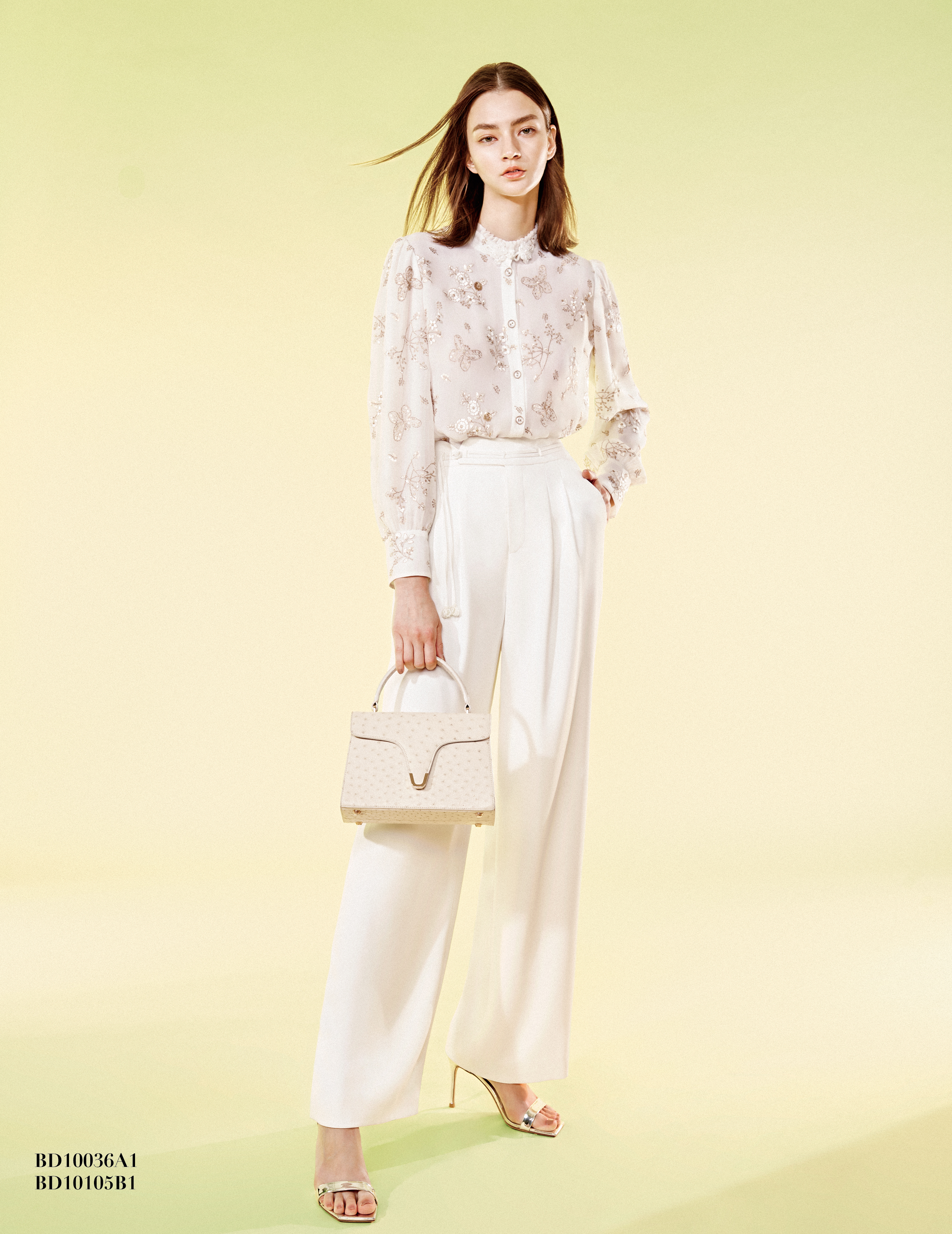 BD10105B1 浮雕花園東方玫瑰飄帶垂墜寬褲