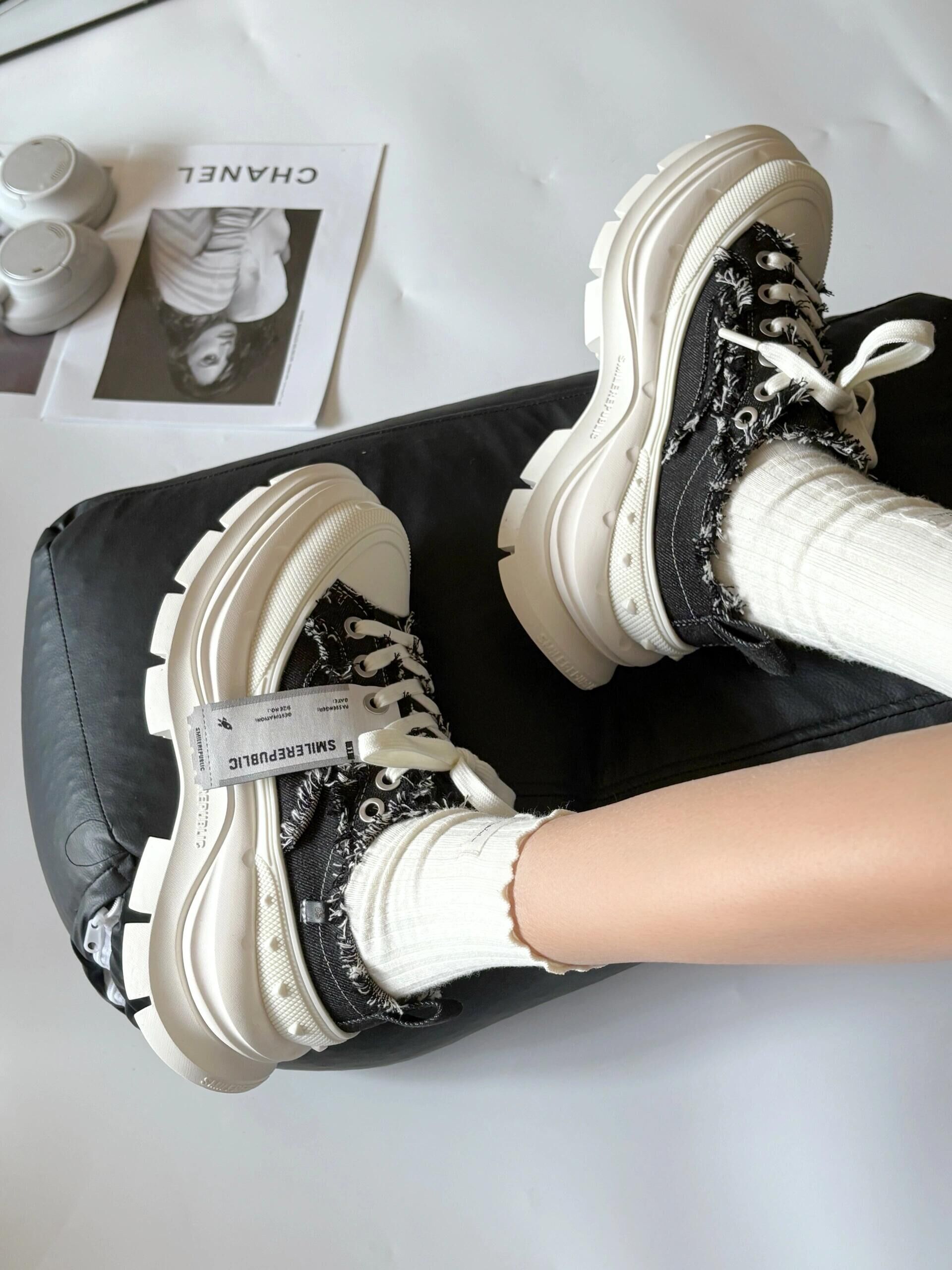 Smilerepublic Smile Queen Classic 開口笑帆布鞋 2.0 全黑 牛仔 不修邊 小香風 厚底 鋸齒鞋 老爹鞋 SR20240106001/預購