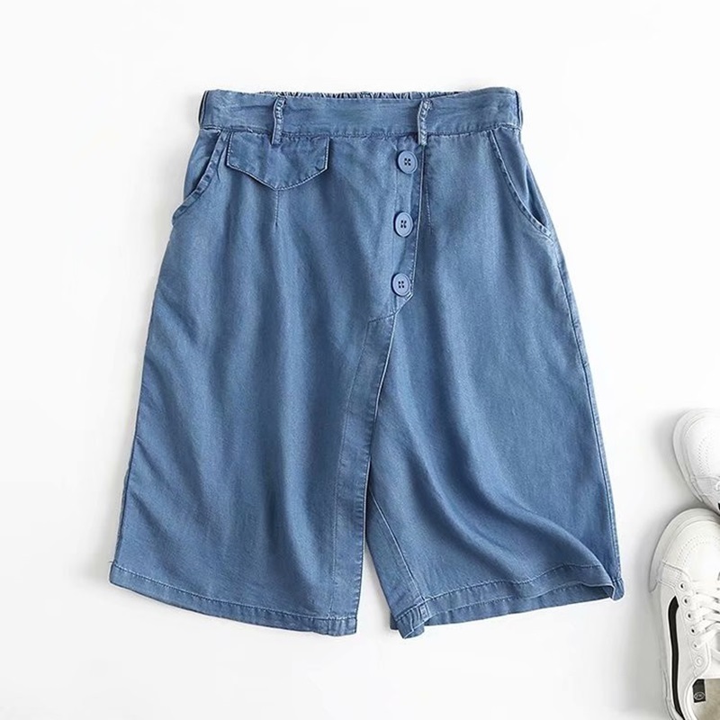 淺藍L【零碼出清不退換】天絲斜釦牛仔五分短褲