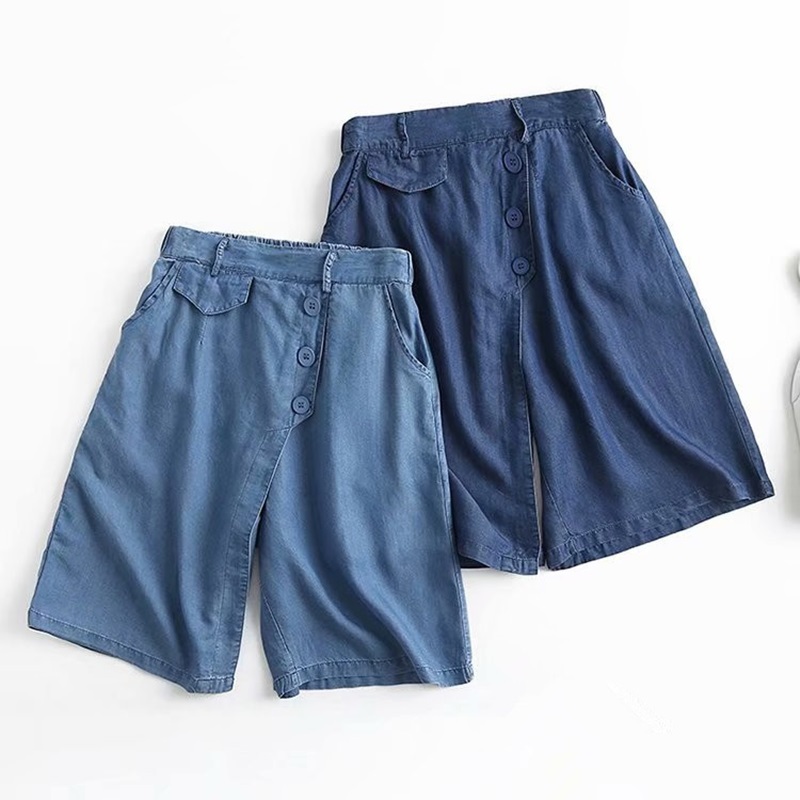 淺藍L【零碼出清不退換】天絲斜釦牛仔五分短褲