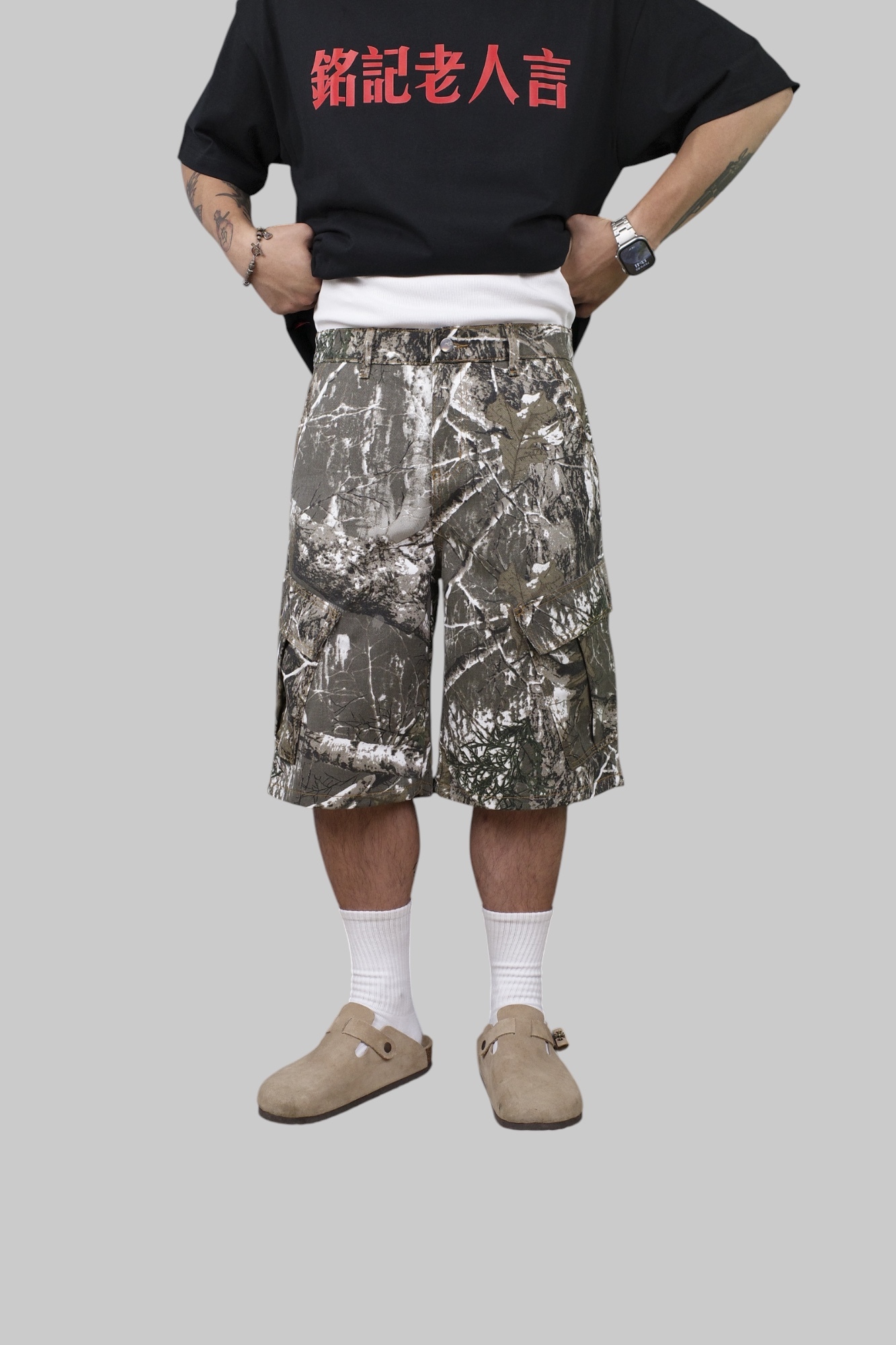 『Always_Good』樹枝迷彩 做舊 水洗 大口袋 短褲