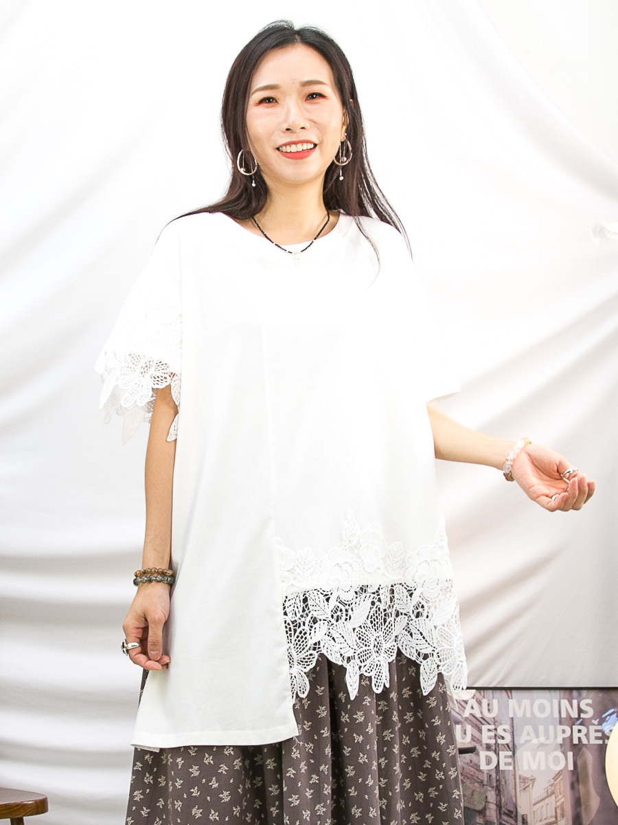 ⬇️開倉低至半價😱FINALSALE📣 單邊手袖 下擺 LACE刺繡．COTTON料TOP 【不設退換】