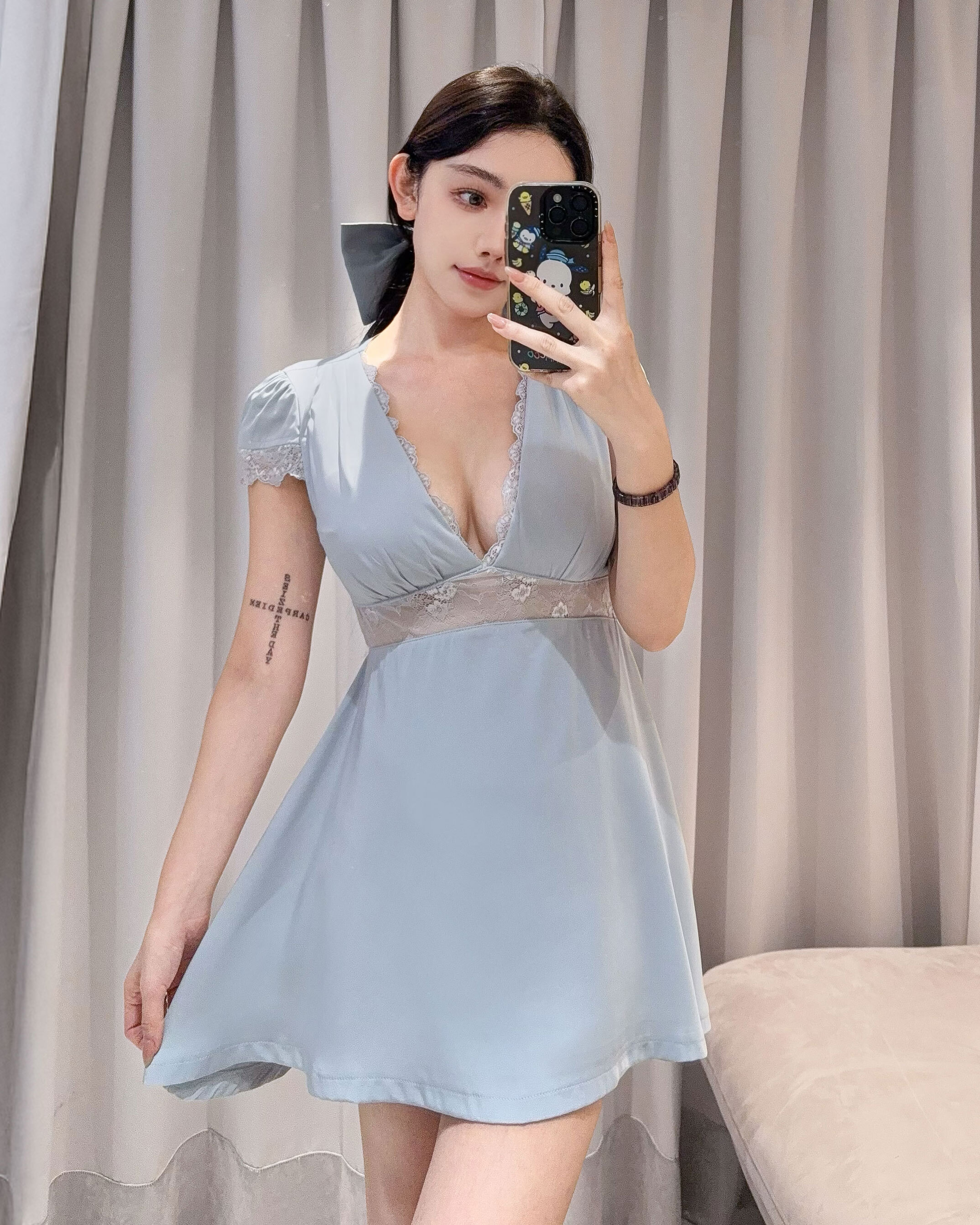 ⭒訂製-浪漫透視蕾絲小短袖傘洋