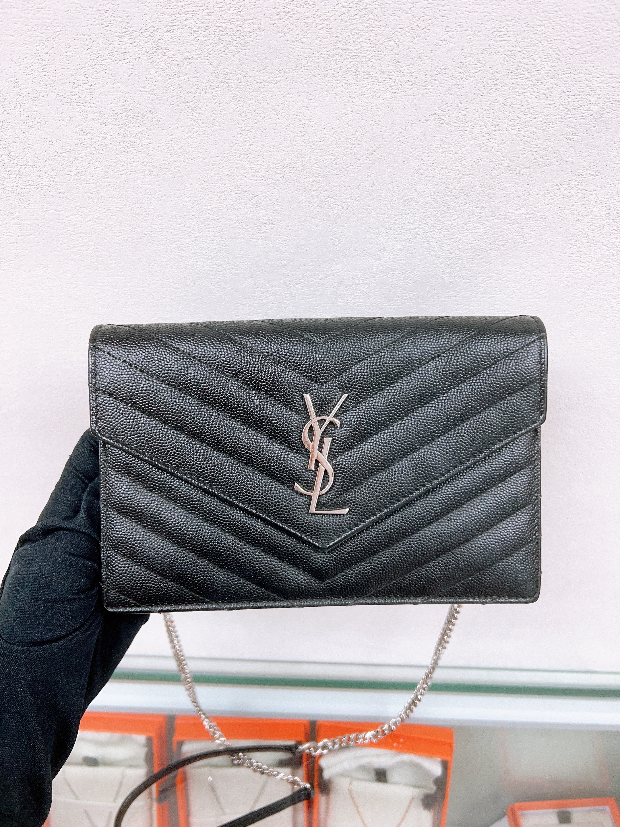YSL Saint Laurent envelop woc wallet on chain (black silver)