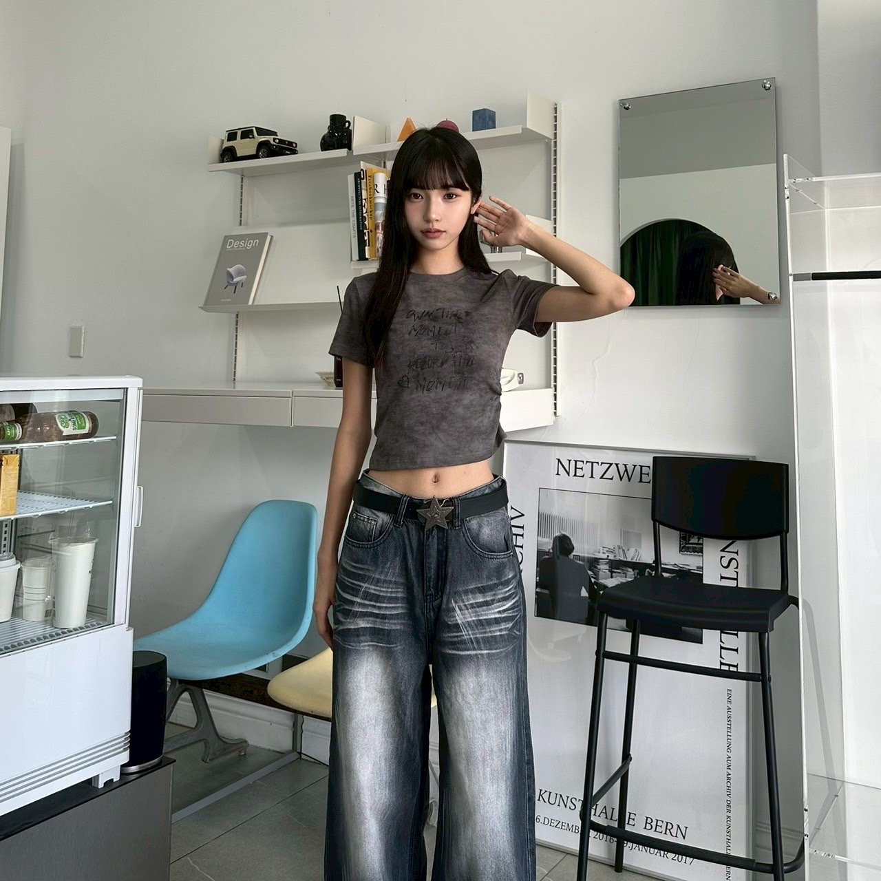 mmb單邊抓皺復古印花上衣