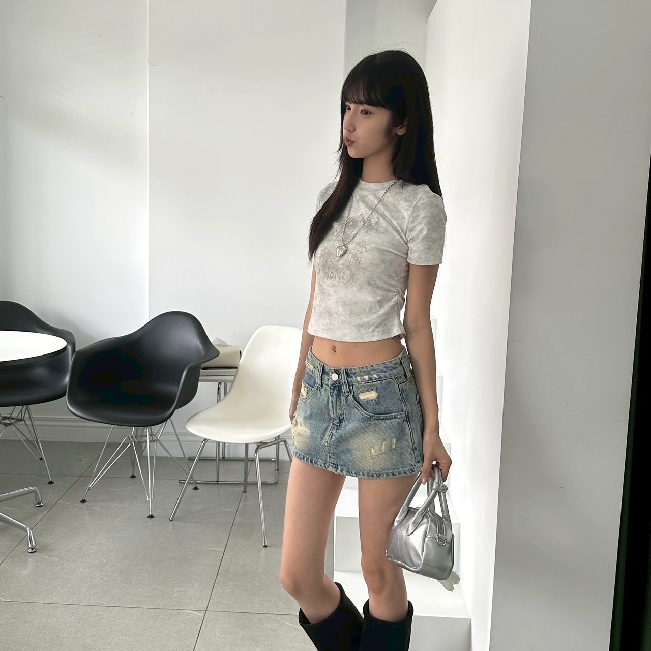 mmb單邊抓皺復古印花上衣