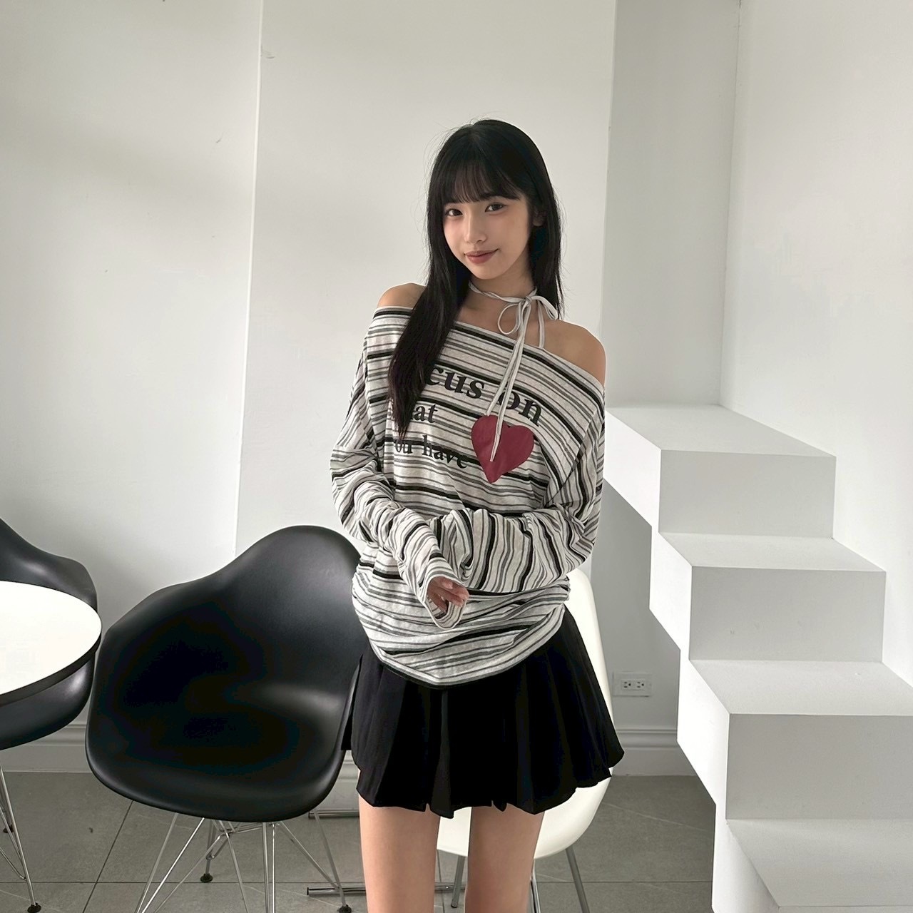 mmb一字條紋紅心綁脖長t