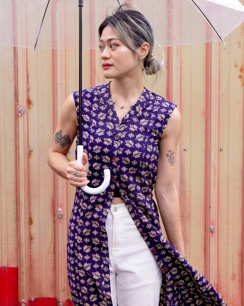 印度蓋染工藝親膚純棉 洋裝 - 羽毛蕨紫