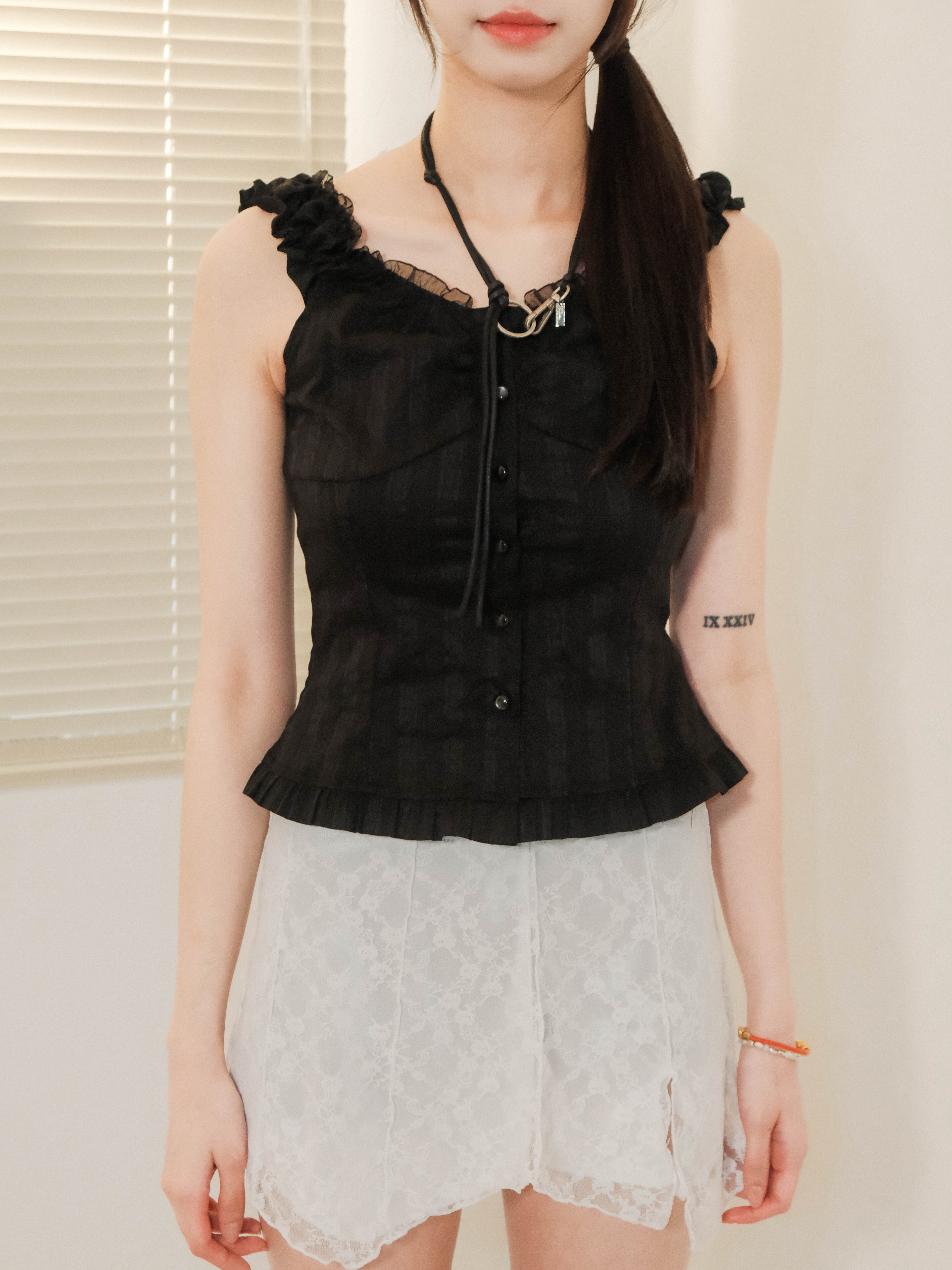 Sweet & Cool暗直紋皺褶袖上衣