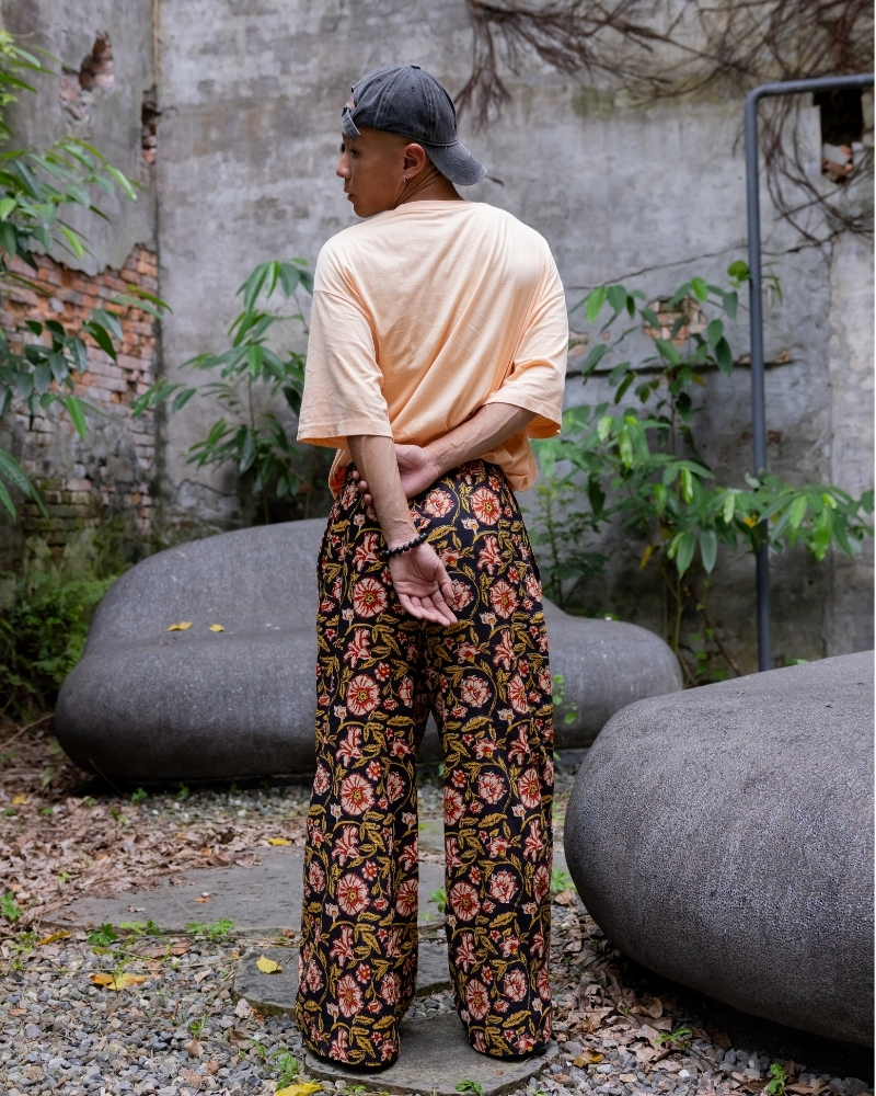 印度蓋染工藝親膚純棉 長褲 - 扶桑花黑