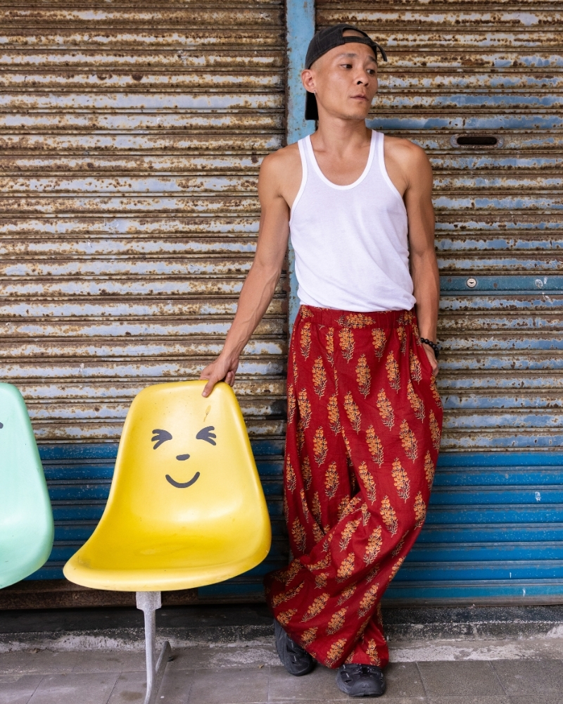 印度蓋染工藝親膚純棉 長褲 - 金魚草紅