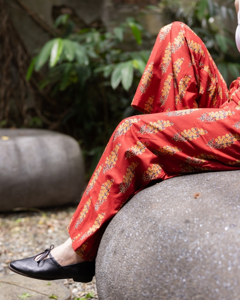 印度蓋染工藝親膚純棉 長褲 - 金魚草紅