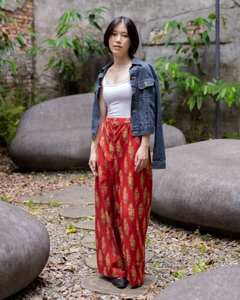 印度蓋染工藝親膚純棉 長褲 - 金魚草紅