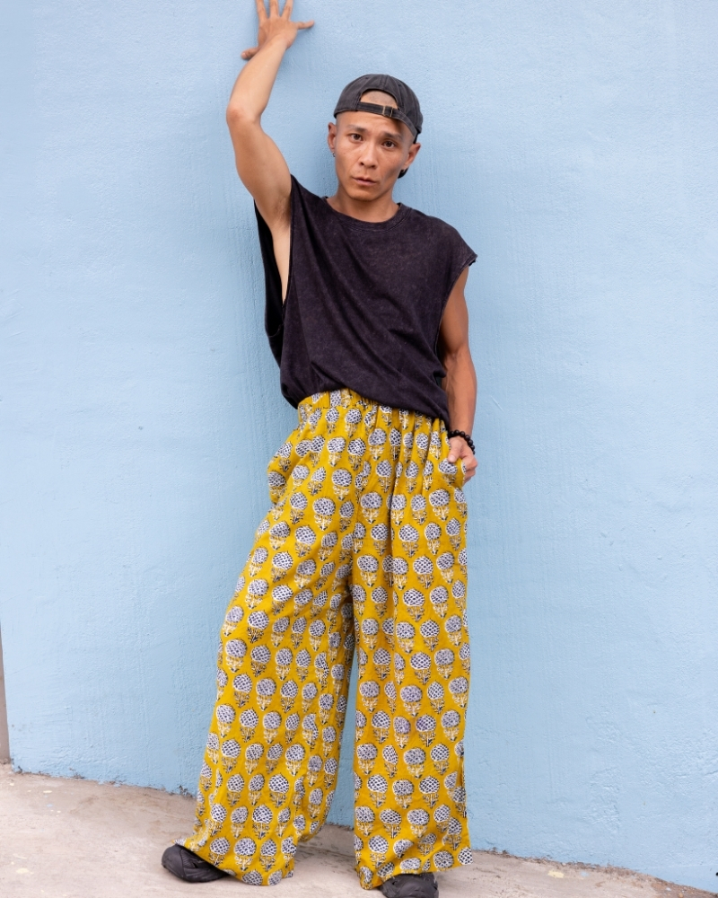 印度蓋染工藝親膚純棉 長褲 - 蒲公英黃