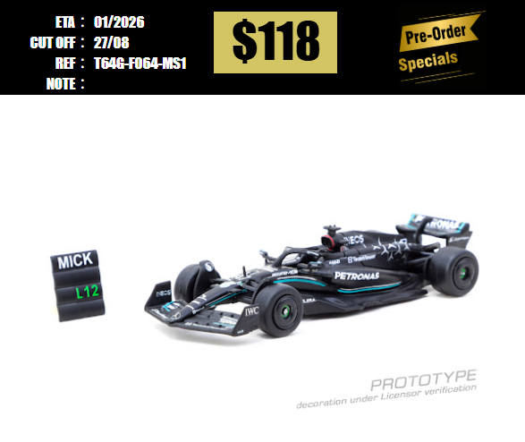 PO-$118 * TARMAC * 1:64 Mercedes-AMG F1 W14 E Performance Spanish Grand Prix Tyre Testing 2023 Mick Schumacher [OD15/08]